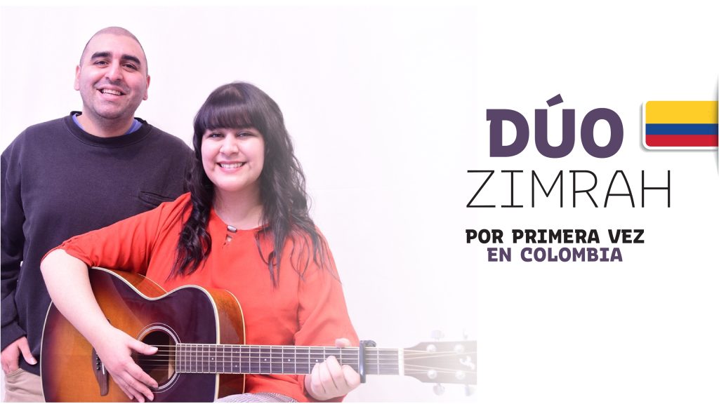 Imagen con los artistas del Dúo Zimrah y el mensaje "Por primera vez en Colombia"