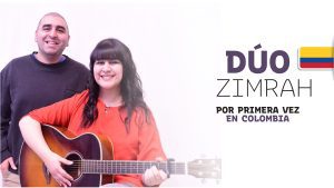 Imagen con los artistas del Dúo Zimrah y el mensaje "Por primera vez en Colombia"